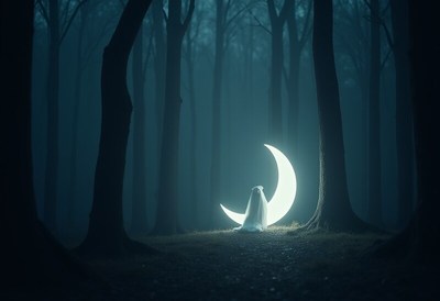 Bride sitting beside glowing crescent moon in dark forest