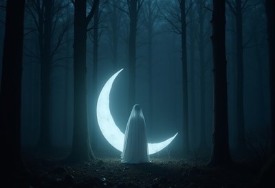 Mystical figure by glowing crescent moon in forest