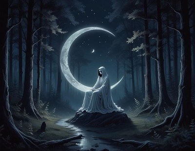 Mysterious figure sits by the crescent moon in the woods