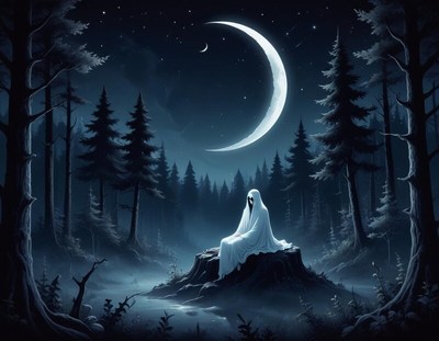 Ghostly figure meditating under a crescent moon