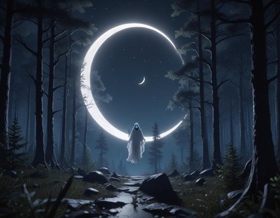 Mysterious figure floating under a giant crescent moon