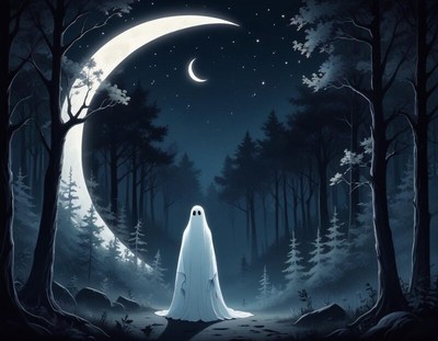 Mysterious figure stands under a glowing moon at night