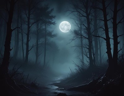 Mysterious moonlit forest with fog and shadows