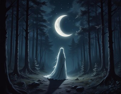 Mysterious figure in the forest under a glowing moon