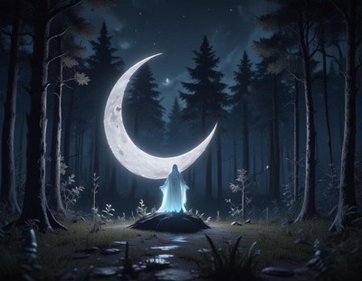 Mysterious figure under a glowing moon in a dark forest