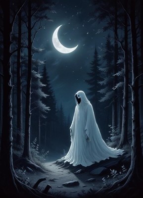 Mysterious figure in a moonlit forest at night