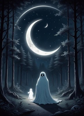 Ghosts wandering in a moonlit forest at night