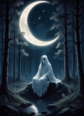 Mysterious figure in a moonlit forest at night