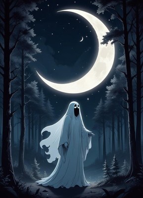 Ghostly figure under a glowing crescent moon at night
