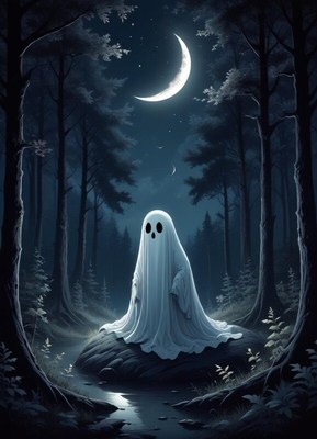 Mysterious ghost in a dark forest under a crescent moon