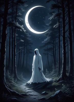 Eerie figure in a forest under a crescent moon at night