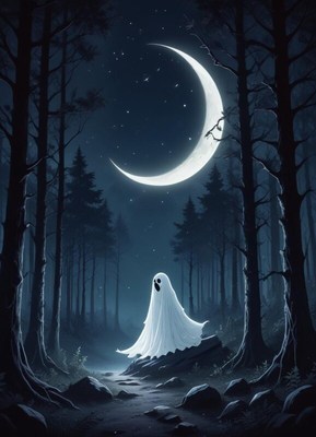 Mysterious ghost in a dark forest under a crescent moon