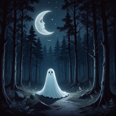Ghost in the dark forest under a crescent moon