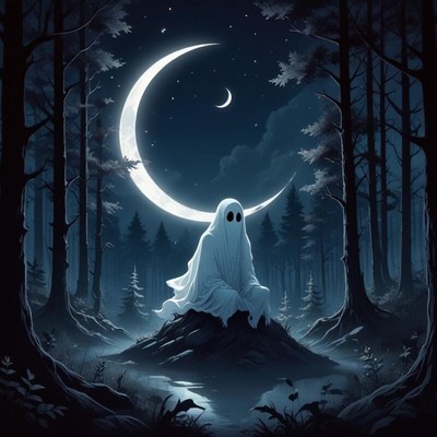 Mysterious ghost figure in a dark forest under moonlight