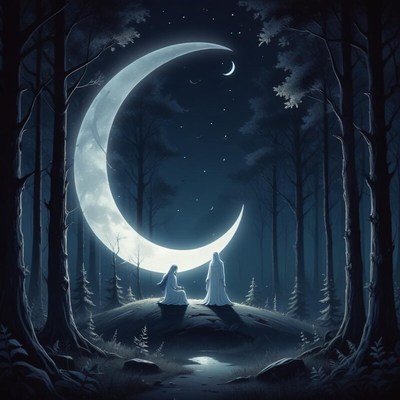 Sisters gaze at the moon in a dark mystical forest