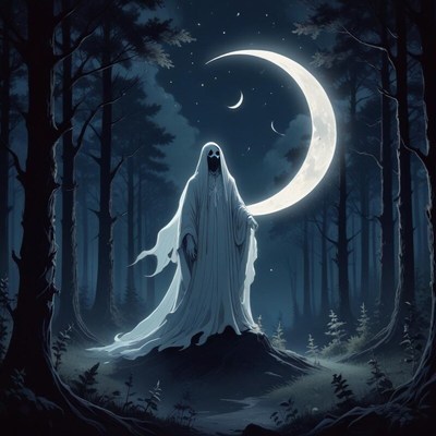 Mysterious phantom in moonlit forest at night