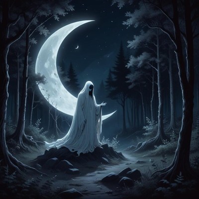 Mystical figure in a moonlit forest at night