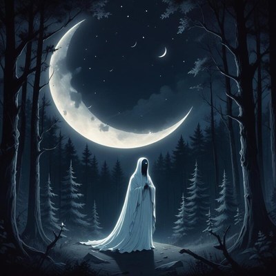 Enigmatic figure in the moonlit forest at night