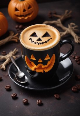 Halloween-themed coffee cup with pumpkin designs