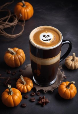 Festive coffee with pumpkin decorations for halloween