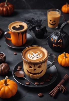 Halloween-themed coffee drinks with pumpkins and spices