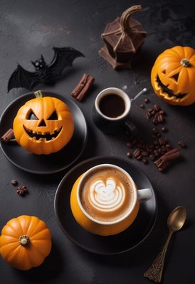 Cozy halloween gathering with carved pumpkins and coffee
