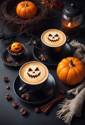 Enjoying festive pumpkin coffee for halloween celebration