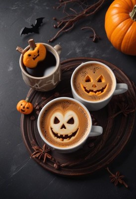 Enjoying halloween-themed coffee with pumpkin designs