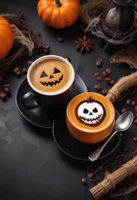 Festive halloween coffee drinks with spooky designs