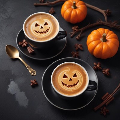 Pumpkin spice coffee with halloween decorations displayed