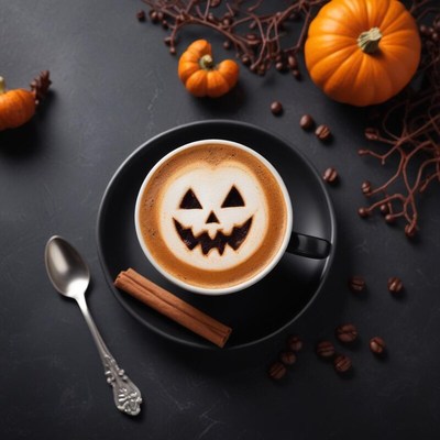 Enjoying pumpkin spice coffee with halloween theme