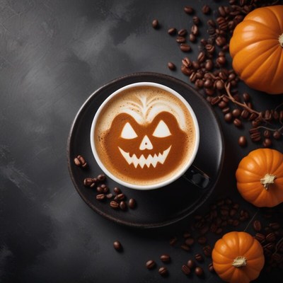 Enjoying halloween-themed coffee with pumpkin decoration