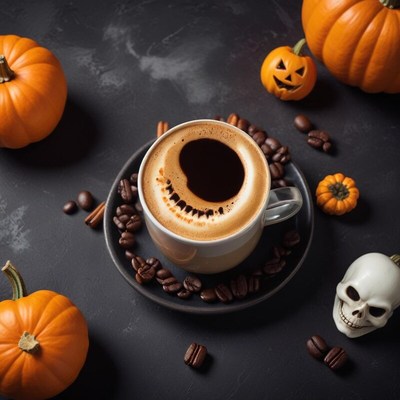 Warm coffee with pumpkins and halloween decorations