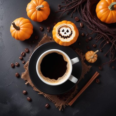 Coffee and pumpkins create a cozy autumn scene