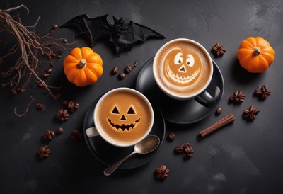 Festive halloween coffee with pumpkin decorations