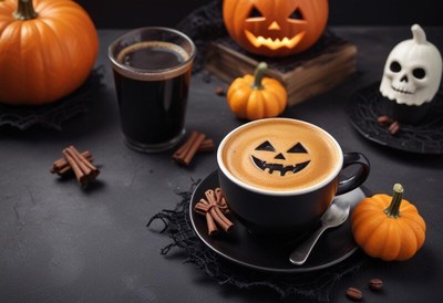 Pumpkin spice coffee with decorative halloween pumpkins