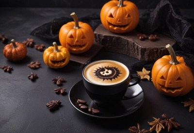 Halloween themed coffee with carved pumpkins on display