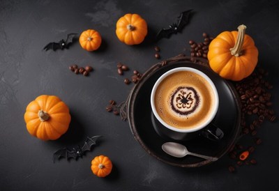 Enjoying fall flavors with pumpkin coffee and decorations