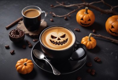 Enjoying halloween coffee with spooky decorations