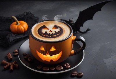 Halloween coffee with spooky pumpkin design and decor