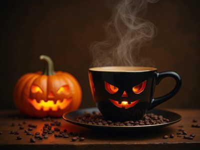 Coffee cup with pumpkin design and spooky vibe for halloween