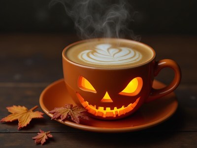 Spooky latte art in a pumpkin mug with autumn leaves