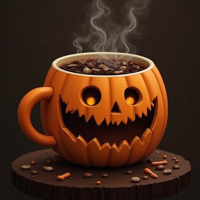 Creative halloween pumpkin mug with steaming drink