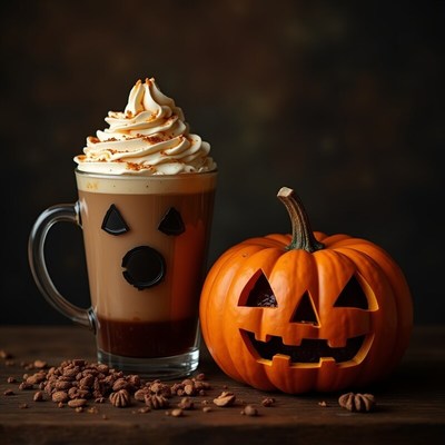 Delicious halloween coffee and carved pumpkin display