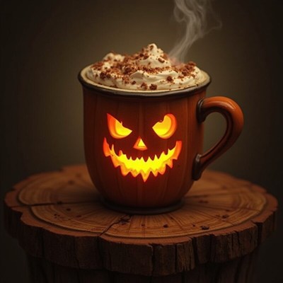 Halloween themed mug with glowing face and whipped cream