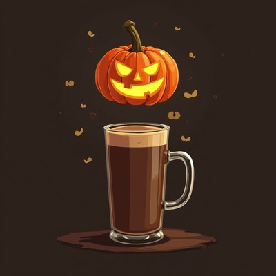 Pumpkin floating above a mug of dark beverage