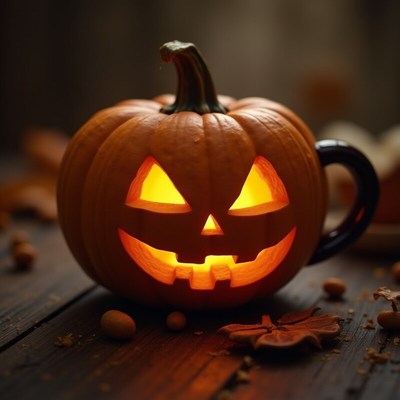 Carved pumpkin with glowing eyes and a spooky smile