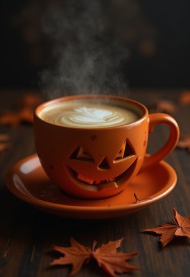 Halloween coffee in a smiling pumpkin cup with steam