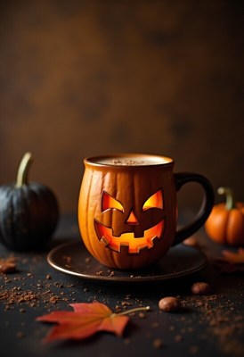 Enjoying a cozy drink in a spooky pumpkin mug