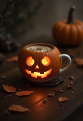 Halloween pumpkin mug with warm drink and autumn decor